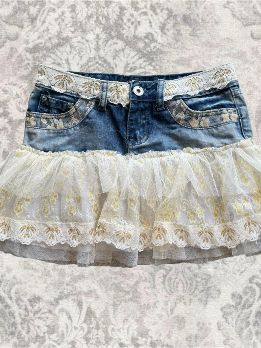 Denim Lace Gold Embellished Cottagecore Y2K Fairy Women’s Tiered Mini Skirt